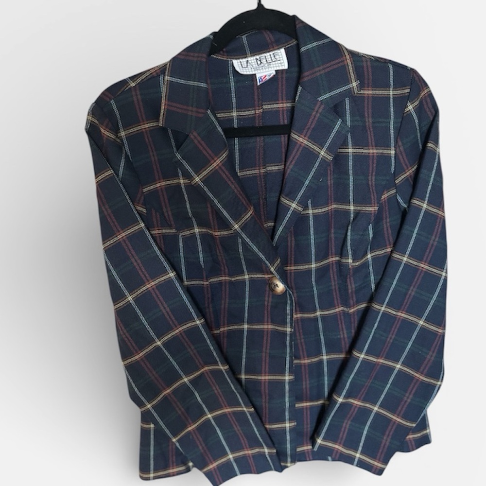 Vintage La Belle Navy Plaid One Button Blazer, Small
